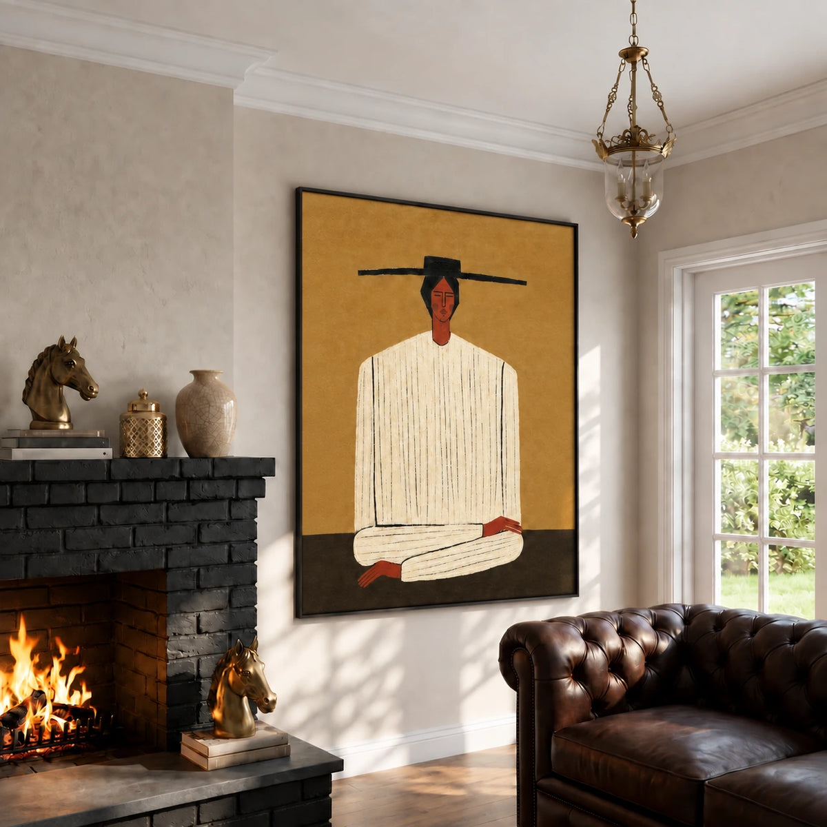 Ochre Stillness painting beside a black fireplace and dark leather sofa in a bright sitting room.