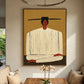 Ochre Stillness painting above a wooden table and cushioned bench seating with an orchid centerpiece.