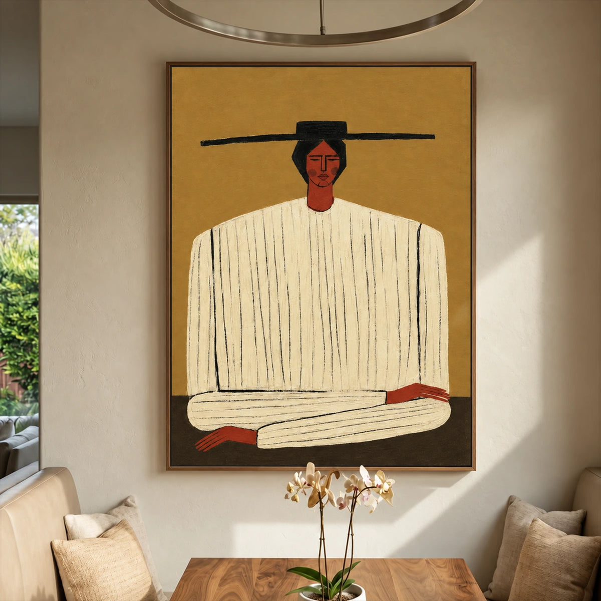 Ochre Stillness painting above a wooden table and cushioned bench seating with an orchid centerpiece.