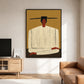 Ochre Stillness painting beside a wooden media console and tan sofa in a bright neutral living room.