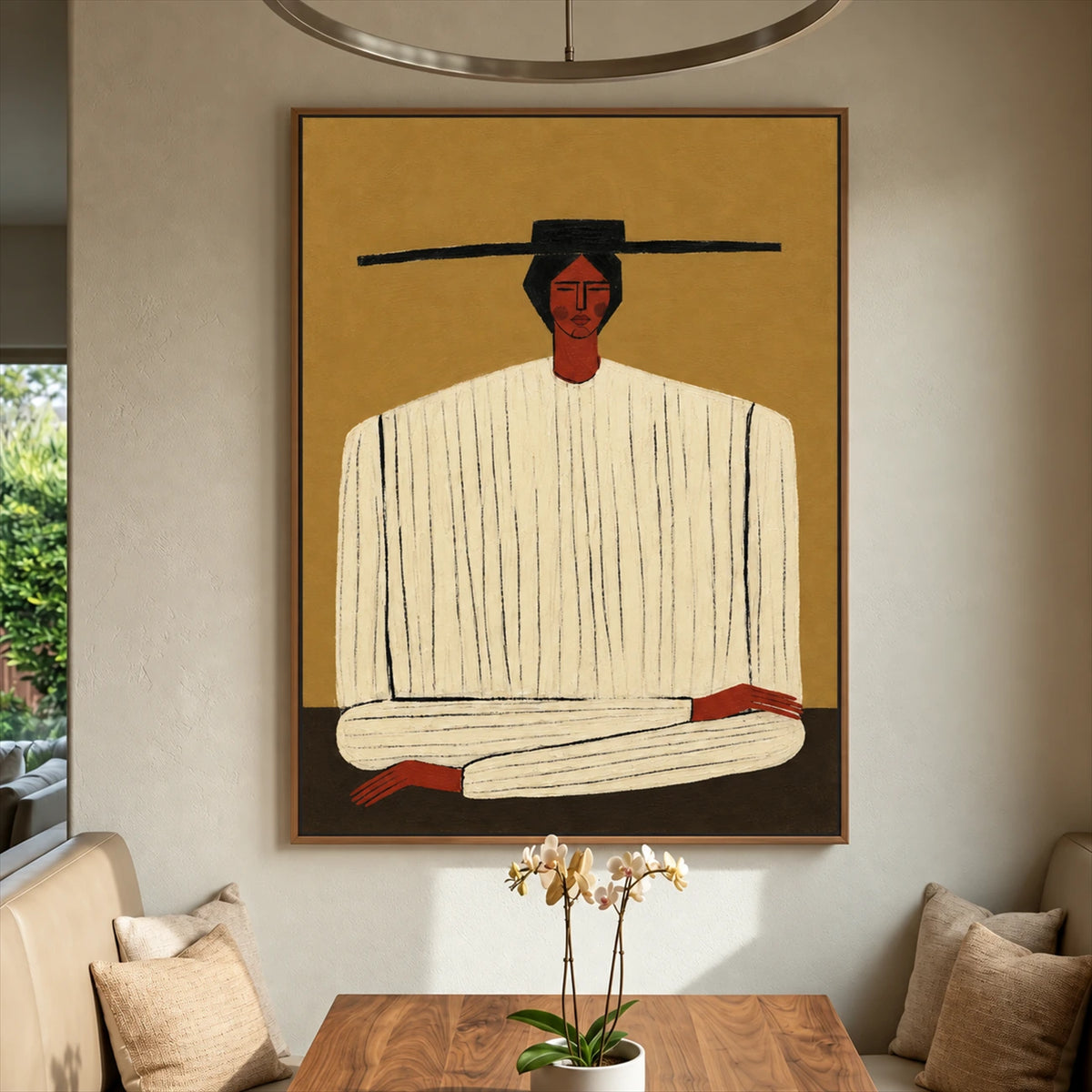 Ochre Stillness painting above a dining nook with cream cushions, a wooden table and pale orchids.