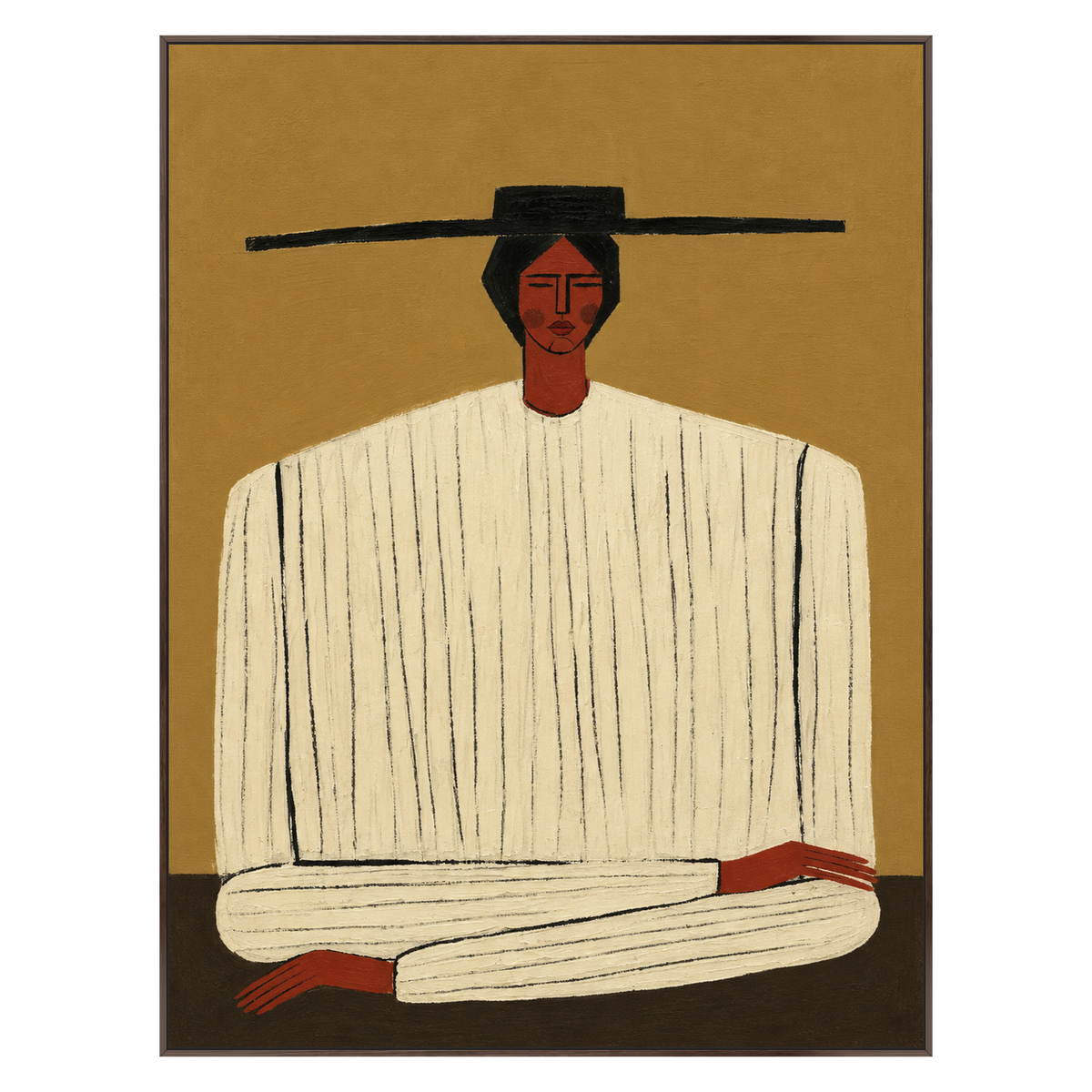 Ochre Stillness vertical artwork in a dark brown wood frame on a transparent background.