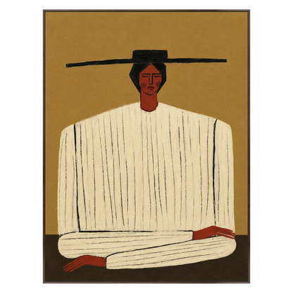 Ochre Stillness vertical artwork in a dark brown wood frame on a transparent background.