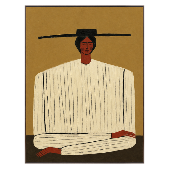 Ochre Stillness vertical artwork in a dark brown wood frame on a transparent background.