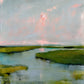 A winding blue waterway threads between low green banks beneath an expansive gray-blue sky. Full square artwork without a frame.
