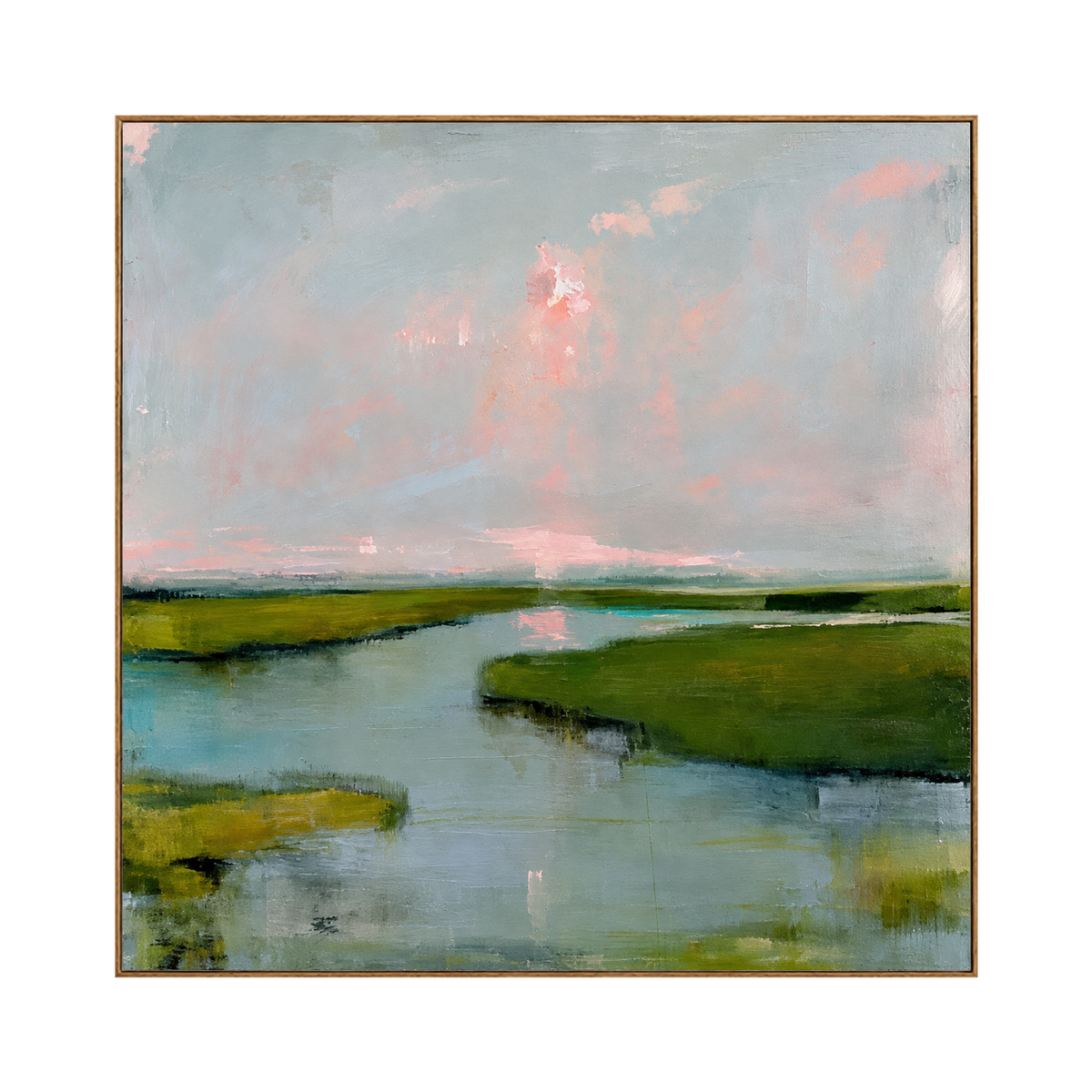 Marshlight Reverie square artwork in a natural wood frame on a transparent background.
