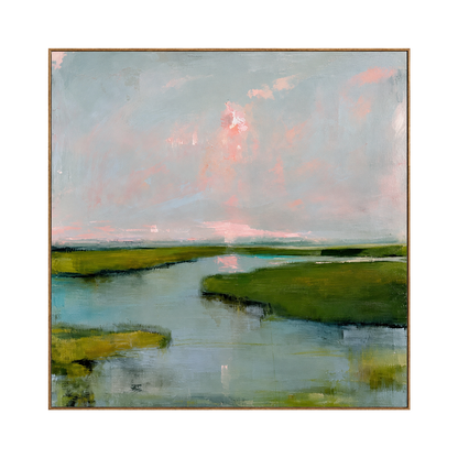 Marshlight Reverie square artwork in a natural wood frame on a transparent background.