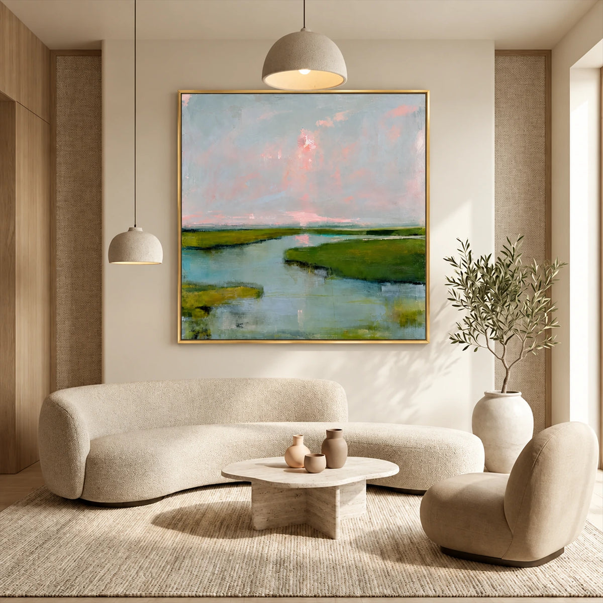 Marshlight Reverie painting above a curved cream sofa and round stone coffee table.