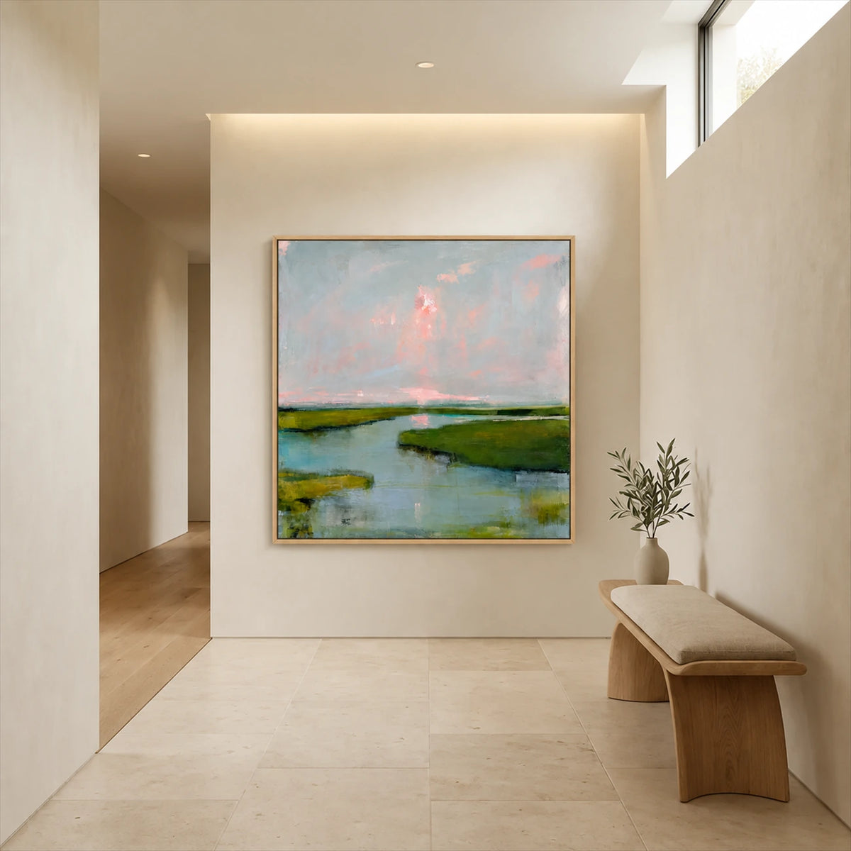 Marshlight Reverie painting in a sunlit neutral hallway beside a wooden bench.