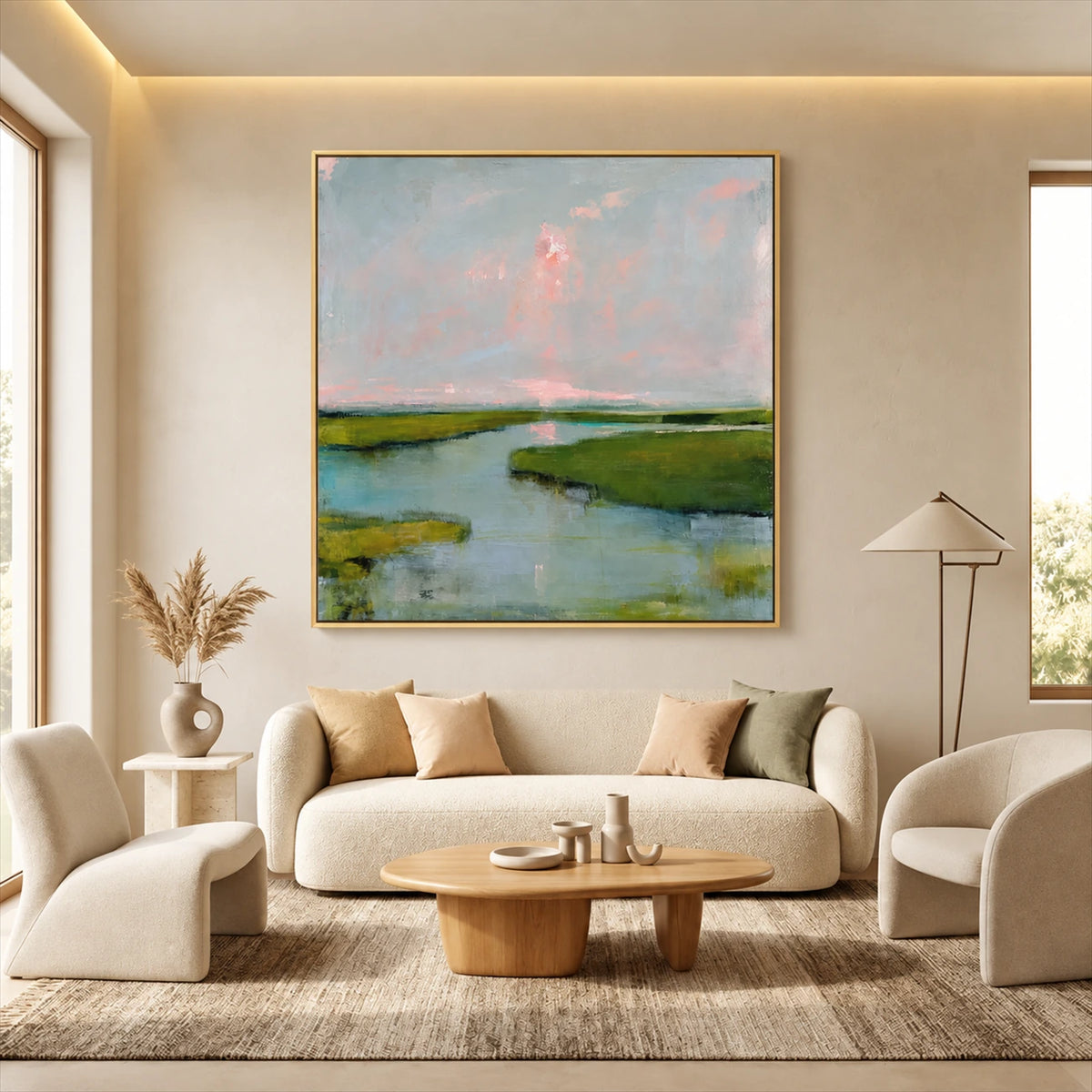 Marshlight Reverie painting above an ivory sofa with a rustic wooden coffee table.