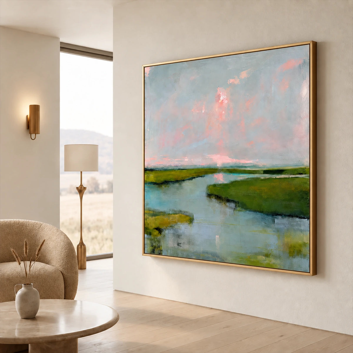 Marshlight Reverie painting on a pale wall beside a rounded lounge chair.