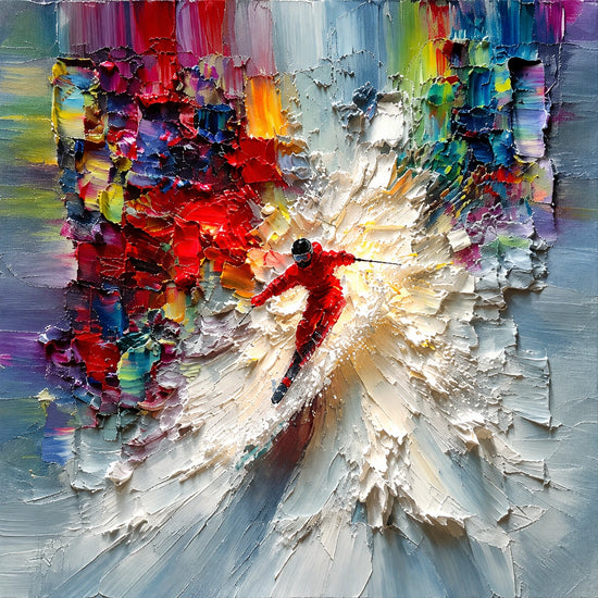 A small red figure moves through a sweeping passage of white, surrounded by vivid blocks of crimson, cobalt, violet and yellow. Full square artwork without a frame.