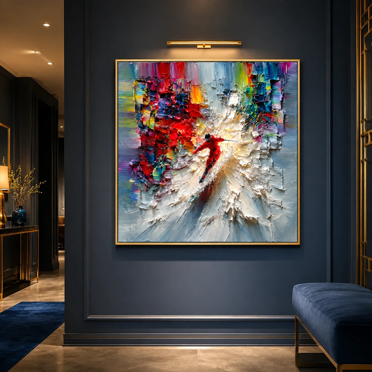 Crimson Momentum painting in a dark blue entryway beneath a picture light.
