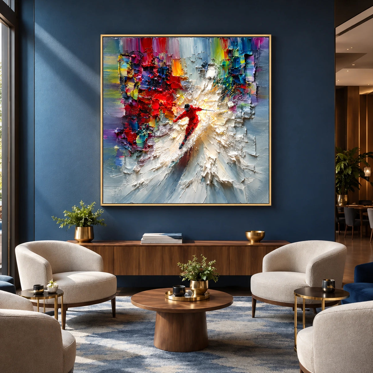 Crimson Momentum painting above a wooden console between two cream chairs.