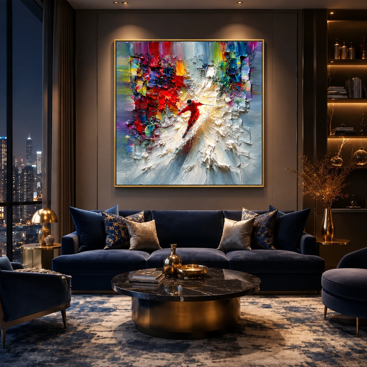 Crimson Momentum painting above a dark blue sofa in an evening living room.