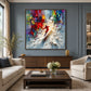 Crimson Momentum painting above a low wooden console in a blue-gray living room.