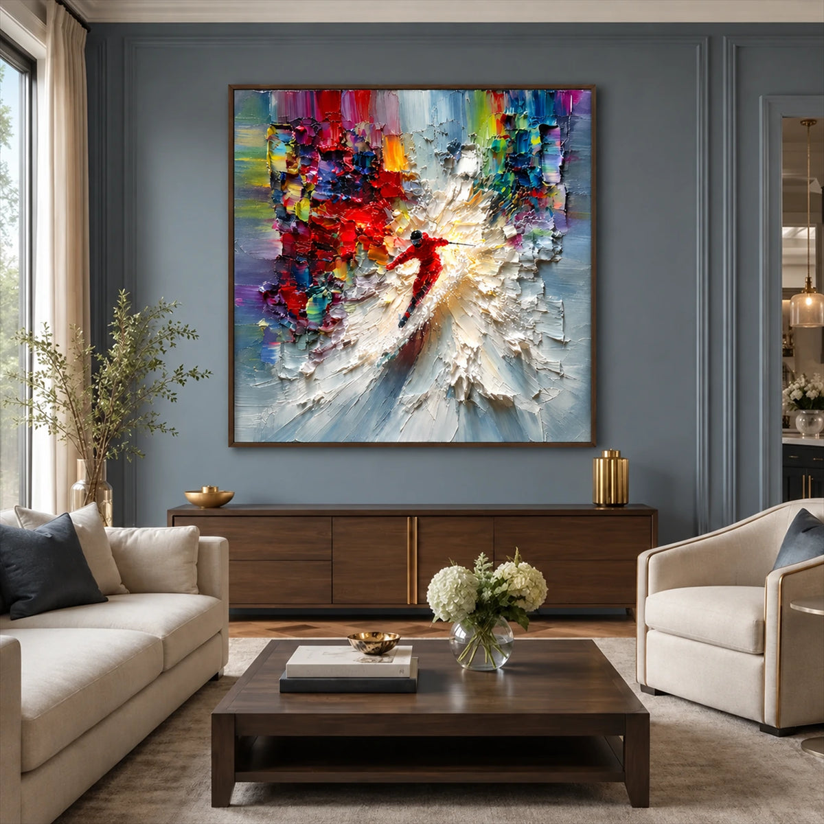 Crimson Momentum painting above a low wooden console in a blue-gray living room.