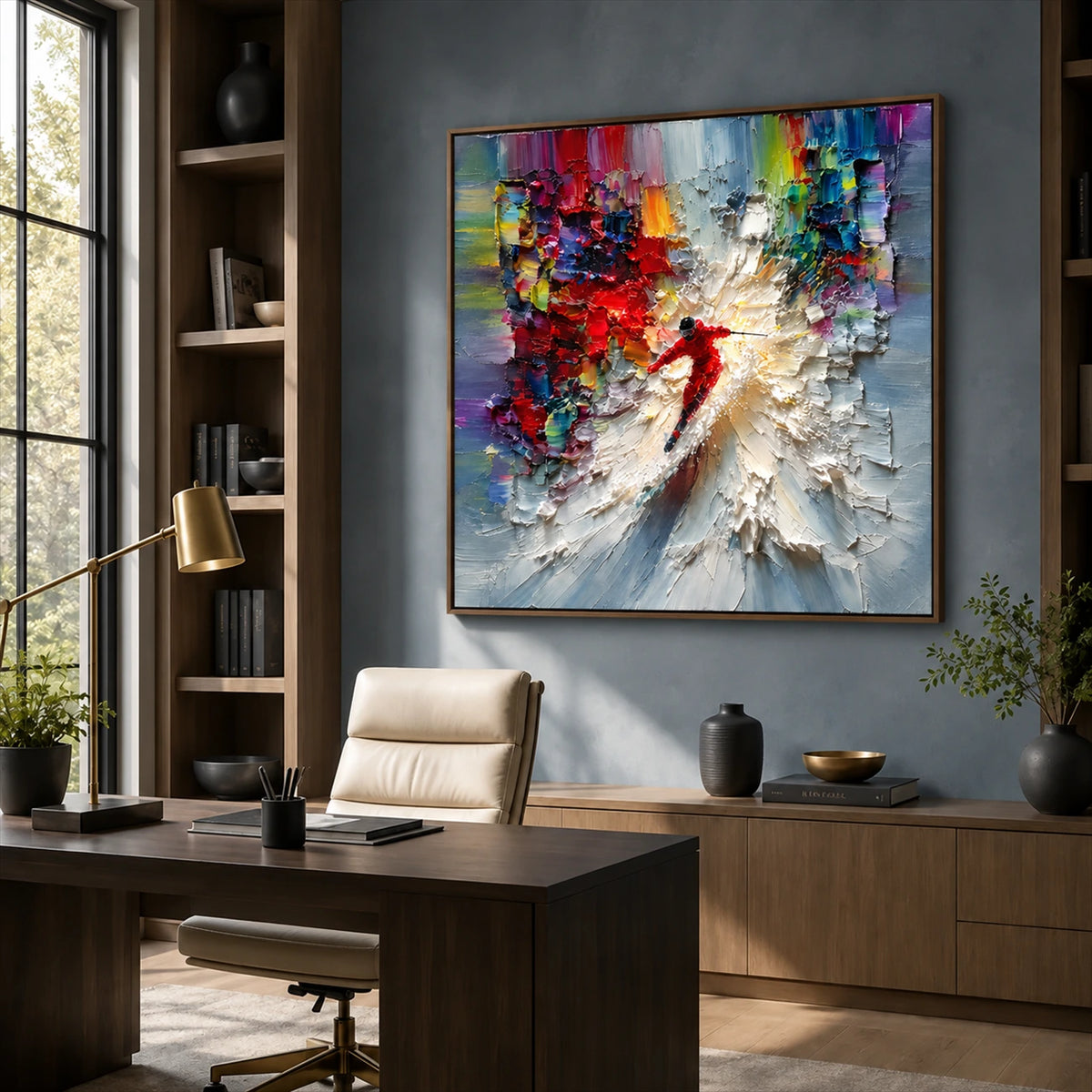 Crimson Momentum painting above a dark wooden desk beside a window.