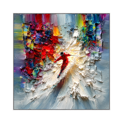 Crimson Momentum square artwork in a silver frame on a transparent background.