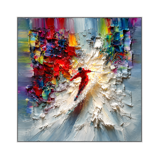 Crimson Momentum square artwork in a silver frame on a transparent background.
