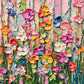 Pink, orange, yellow and blue blossoms gather along slender green stems over a pale blush ground. Full square artwork without a frame.