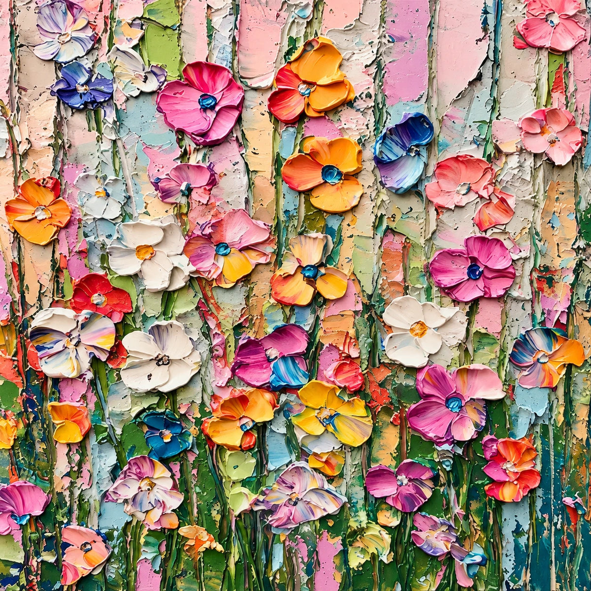 Pink, orange, yellow and blue blossoms gather along slender green stems over a pale blush ground. Full square artwork without a frame.