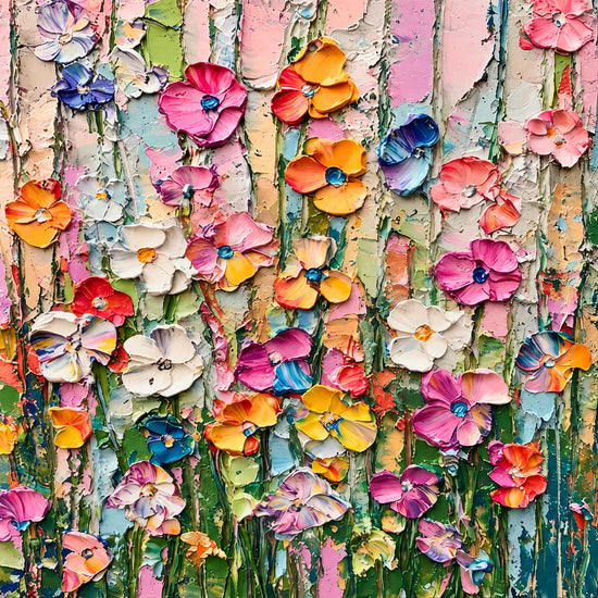 Pink, orange, yellow and blue blossoms gather along slender green stems over a pale blush ground. Full square artwork without a frame.