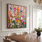 Petal Cascade painting above a wooden dining table in a light paneled room.