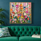 Petal Cascade painting above an emerald sofa against a deep teal wall.