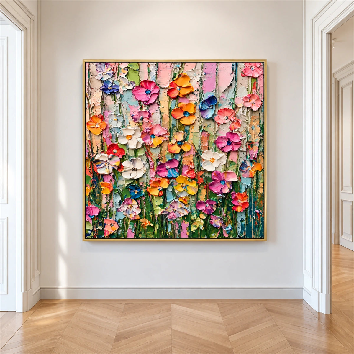 Petal Cascade painting in a bright cream hallway with herringbone flooring.