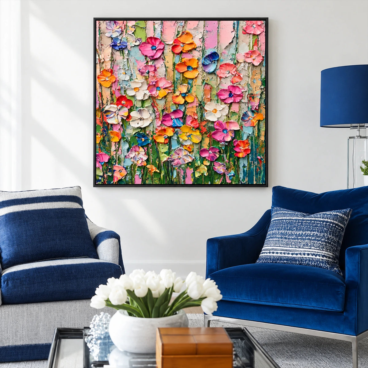 Petal Cascade painting above blue seating in a bright white living room.