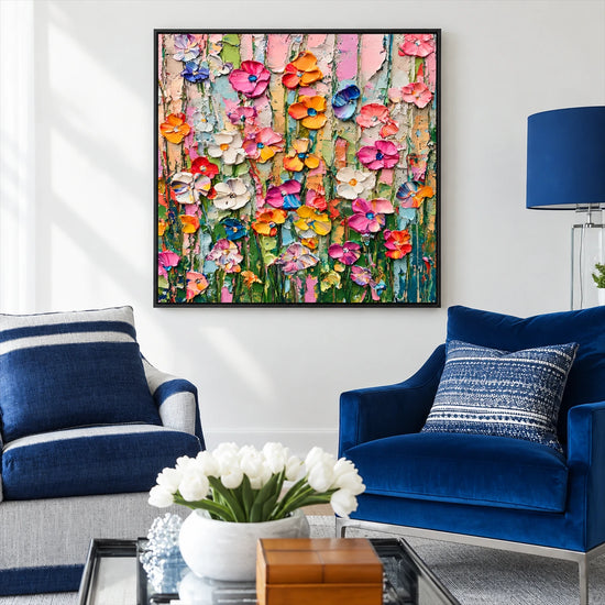 Petal Cascade painting above blue seating in a bright white living room.