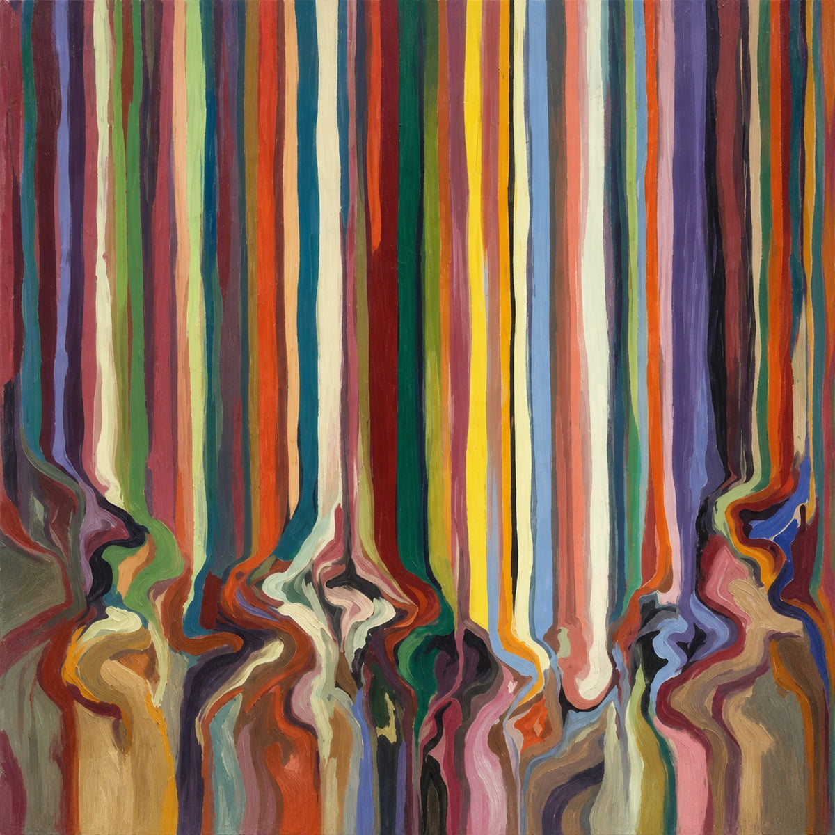 Tall ribbons of teal, ochre, rust, violet and cream run down the canvas before bending into rippling shapes near the lower edge. Full square artwork without a frame.