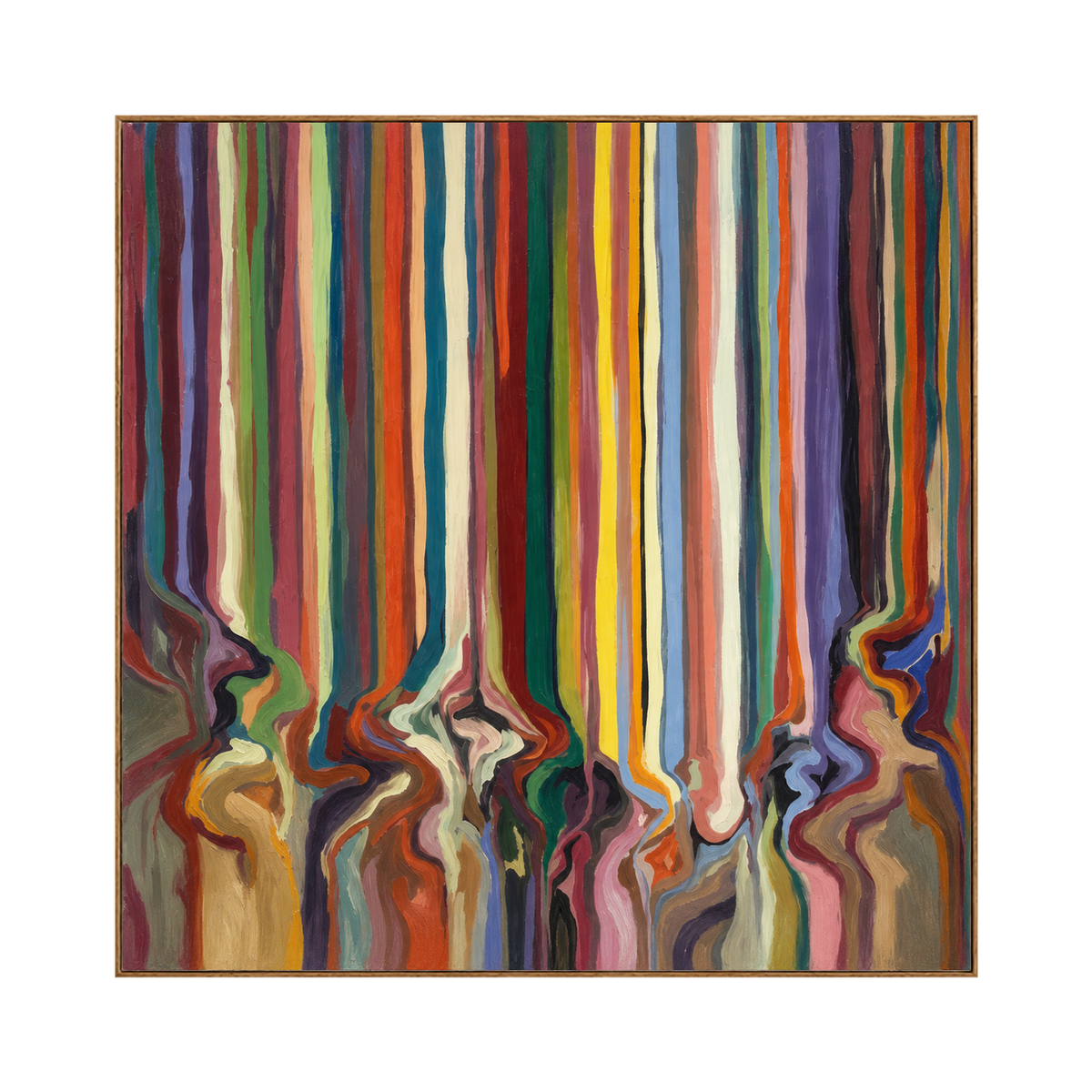 Chromatic Current square artwork in a natural wood frame on a transparent background.