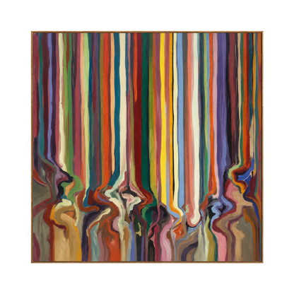 Chromatic Current square artwork in a natural wood frame on a transparent background.