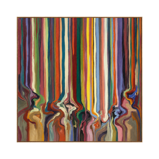 Chromatic Current square artwork in a natural wood frame on a transparent background.