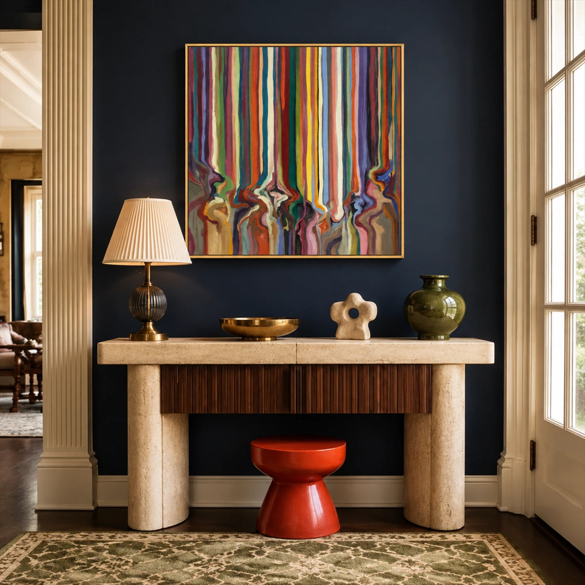 Chromatic Current painting above a stone console against a charcoal wall.