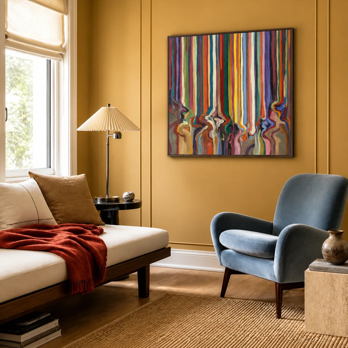 Chromatic Current painting in a mustard-yellow sitting room beside a blue chair.