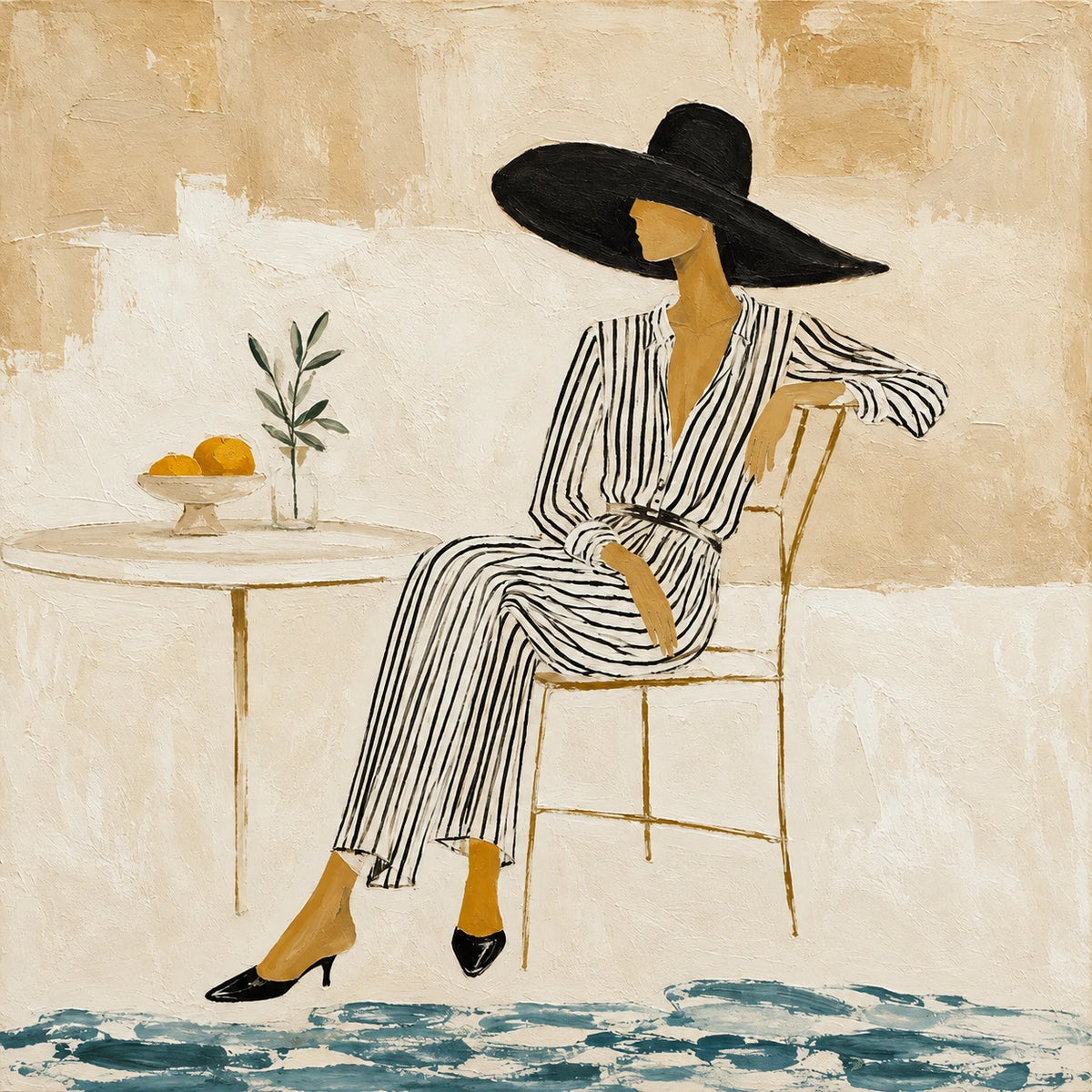A relaxed figure in a broad black hat sits beside a slim table with lemons and a leafy sprig. Full artwork without a frame.
