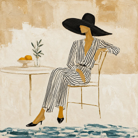 A relaxed figure in a broad black hat sits beside a slim table with lemons and a leafy sprig. Full artwork without a frame.
