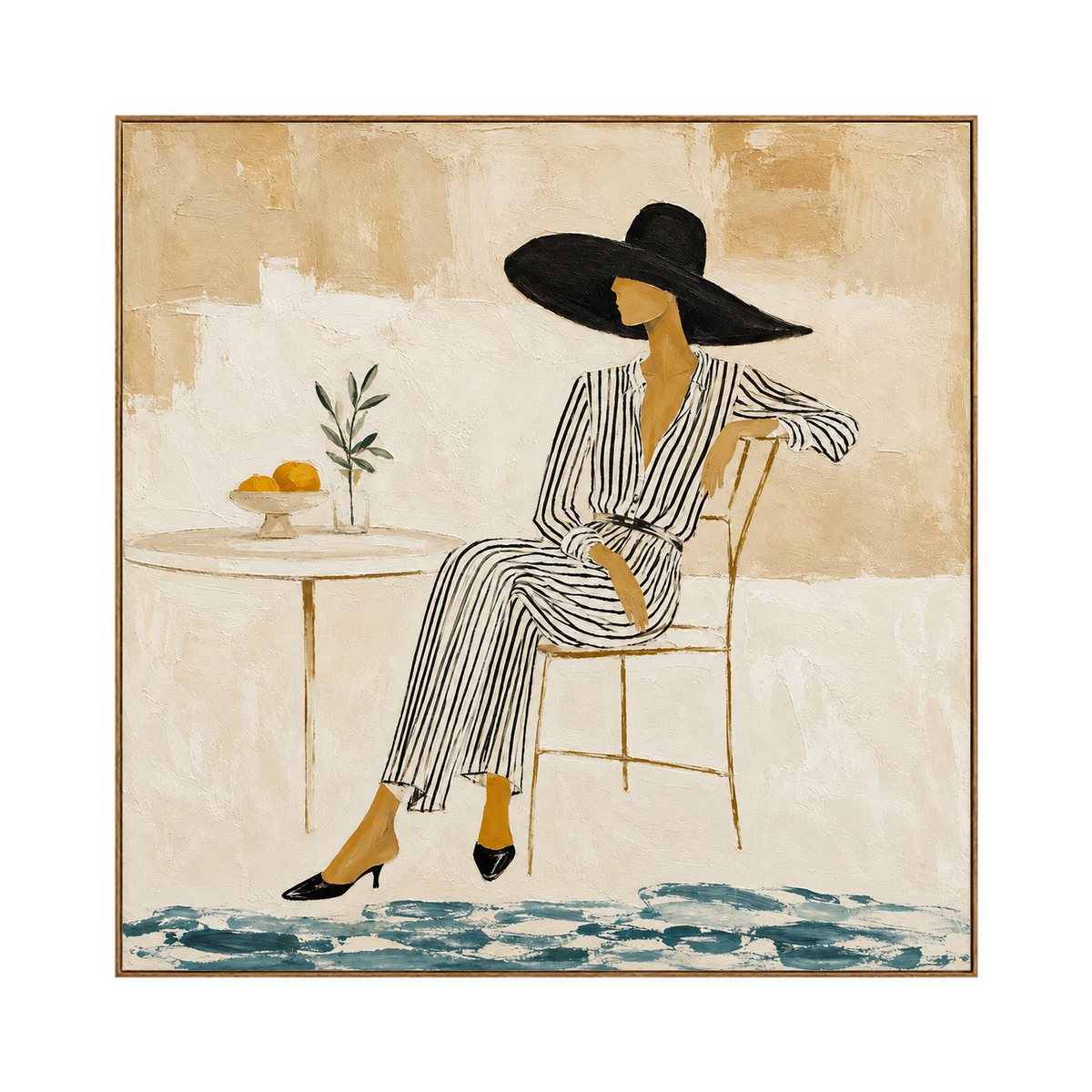 Lemon Leisure square artwork in a natural wood frame on a transparent background.