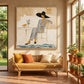 Lemon Leisure painting above a woven sofa in a sunlit room with terracotta floor tiles.