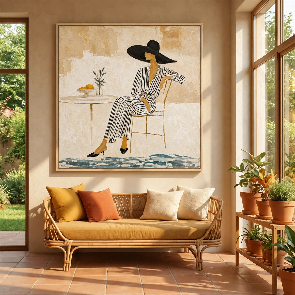Lemon Leisure painting above a woven sofa in a sunlit room with terracotta floor tiles.