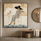 Lemon Leisure painting above a wooden bench beside a round wall mirror.