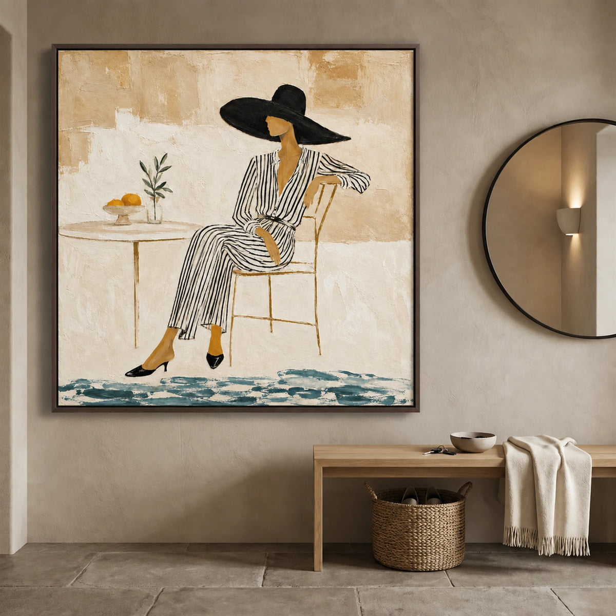 Lemon Leisure painting above a wooden bench beside a round wall mirror.
