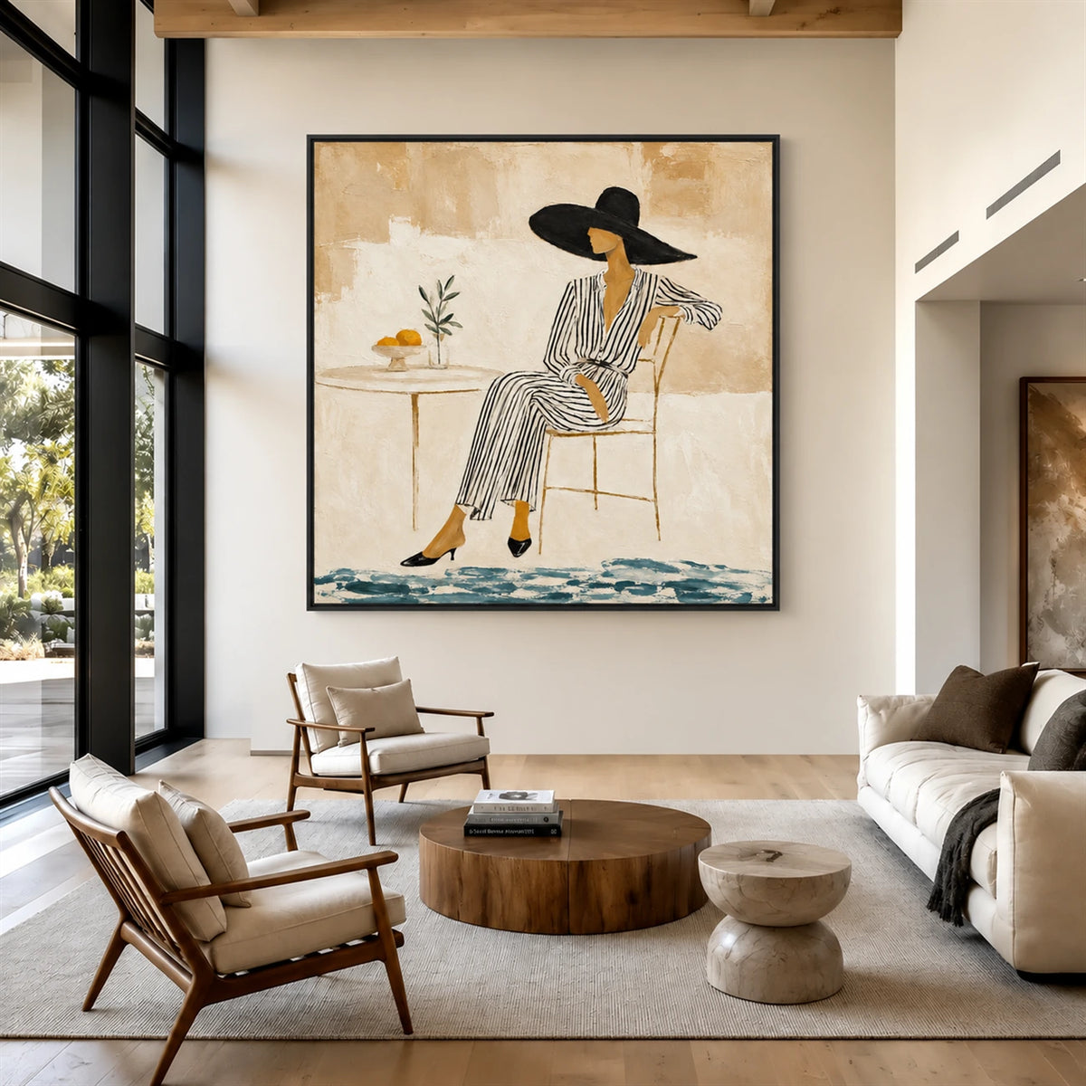 Lemon Leisure painting above a cream sofa and wooden lounge chairs in a double-height living room.