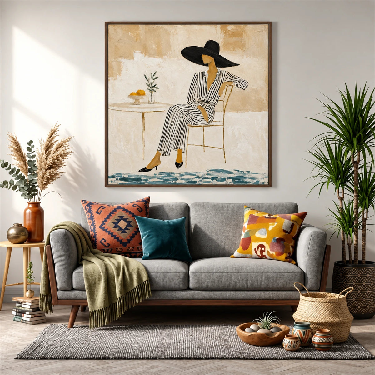 Lemon Leisure painting above a gray sofa with colorful cushions and green plants.