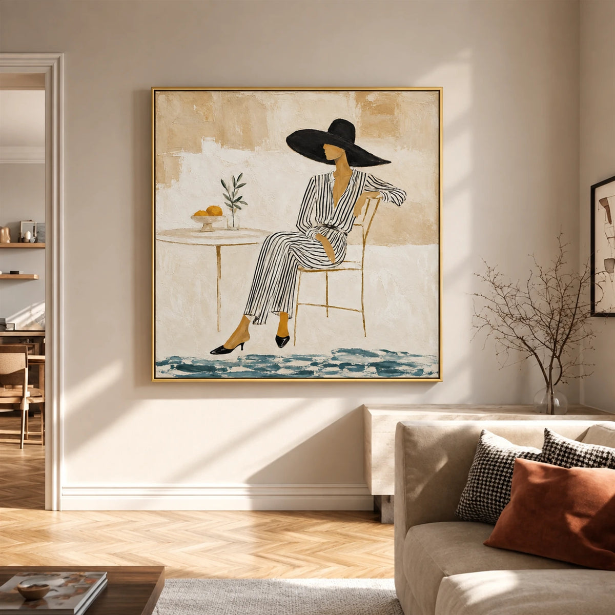 Lemon Leisure painting above a cream sectional in a softly sunlit living room.