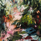 Pale pink blossoms and sharp green leaves emerge from a deep, shaded garden. Full artwork without a frame.