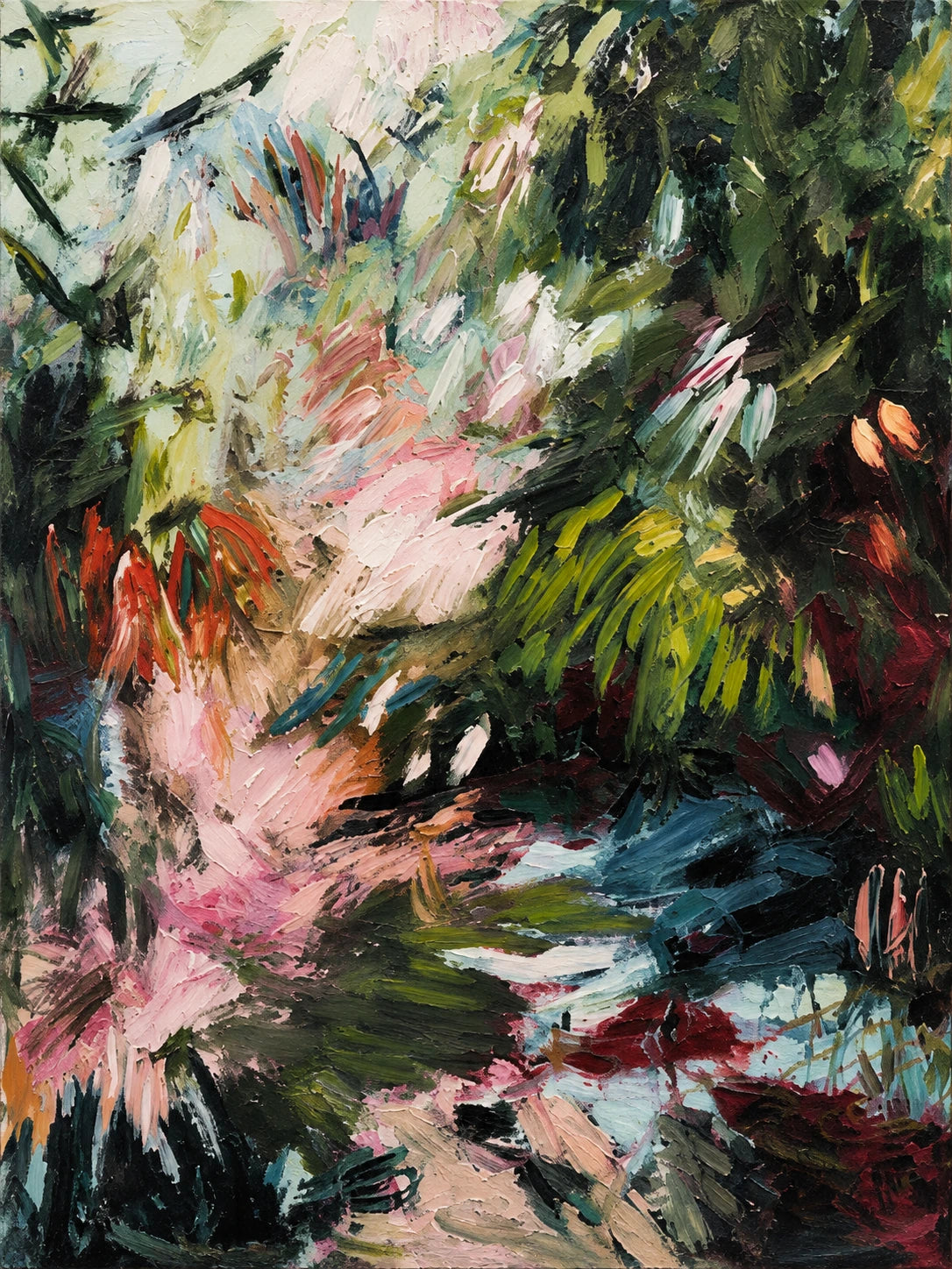 Pale pink blossoms and sharp green leaves emerge from a deep, shaded garden. Full artwork without a frame.